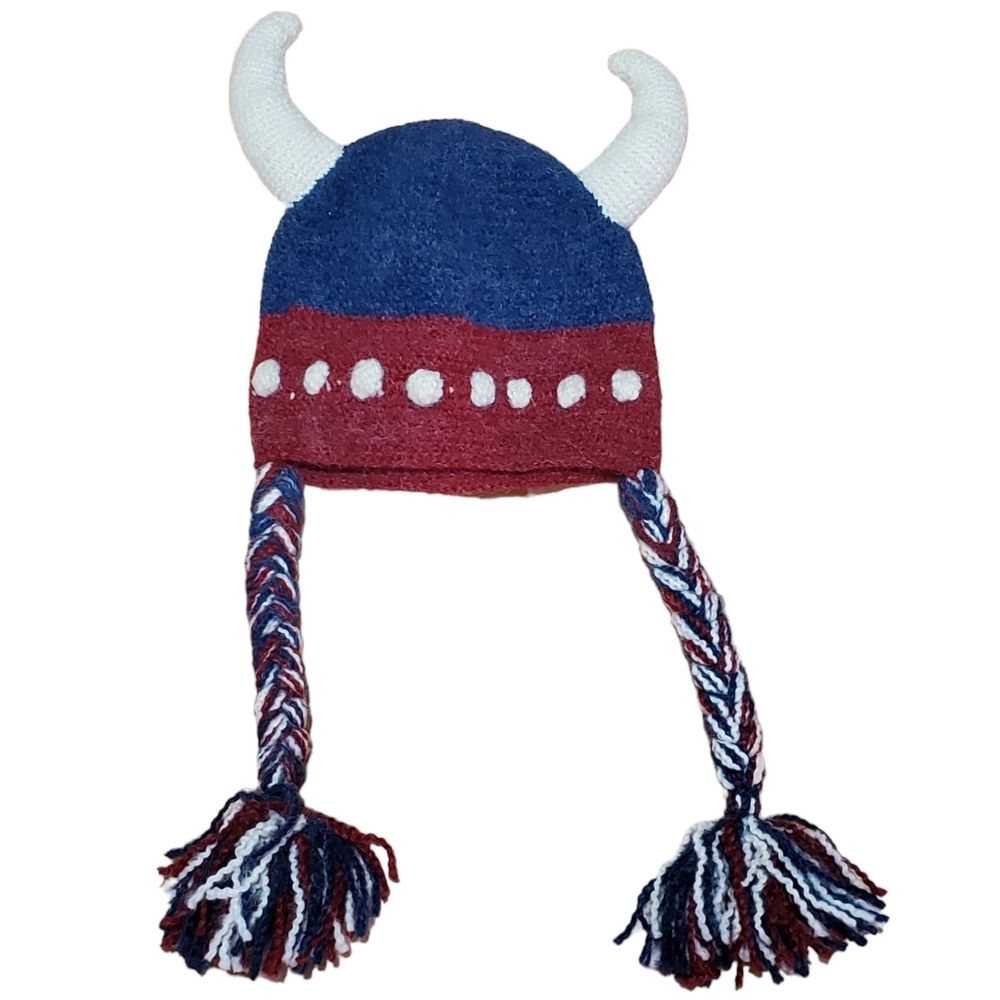 Hand Knit Horned Viking Hat with Braids - Red White Blue
